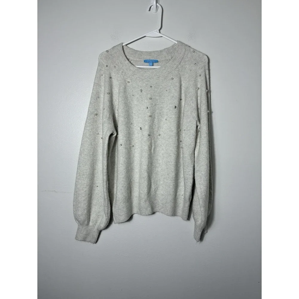 Draper James RSVP Gray Jewel Pearl Balloon Sleeve Crewneck Knit Sweater Sz Large